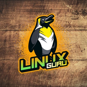 Peut inclure: Un pingouin de dessin animé avec un bec et une poitrine jaunes, portant un chapeau vert et jaune avec le texte "Linux Guru" dessus. Le pingouin se tient sur un fond jaune et orange avec un effet de projection.
