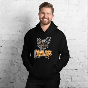 May include: Black hoodie with a graphic of a wasp and the text "OWASP WEB SECURITY TESTING" in orange and white.