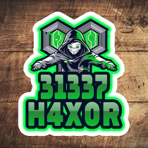May include: Green and black sticker with a hooded figure, a geometric design, and the text "31337 H4XOR".