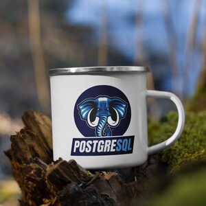 May include: White enamel mug featuring a blue elephant graphic and the text "POSTGRESQL" in blue.