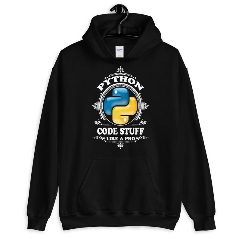 May include: Black hooded sweatshirt with a white graphic design featuring the Python logo and the text "Python Code Stuff Like A Pro".