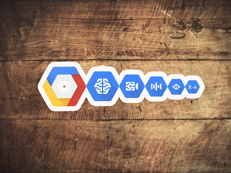 May include: A row of six blue and white hexagonal stickers with different icons. The icons represent Google Cloud services, including Google Cloud Platform, AI, Machine Learning, Data Analytics, and Translation.