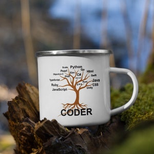 May include: White enamel mug with a brown tree illustration and the word "CODER" at the bottom. The tree branches are labeled with various programming languages, including Python, Java, C++, JavaScript, and HTML.