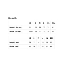 Peut inclure: Tableau des tailles pour les v&ecirc;tements avec des mesures en pouces et en centim&egrave;tres. Le tableau indique la taille, la longueur et la largeur des v&ecirc;tements en pouces et en centim&egrave;tres. Les tailles sont XS, S, M, L, XL et 2XL.