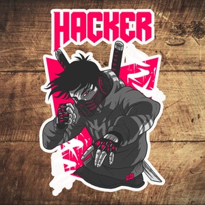 Puede incluir: Una pegatina con un gráfico de una persona que lleva una sudadera con capucha negra y una máscara, sosteniendo una espada. La persona está en una pose de lucha. La palabra "HACKER" está escrita en letras rosas sobre la persona.