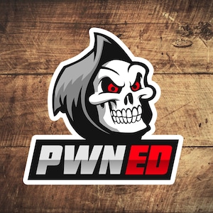 May include: A black and white cartoon skull wearing a black hooded robe with red eyes. The text "PWND" is below the skull in white letters with a red outline.