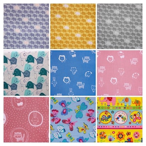 May include: Nine fabric swatches featuring various patterns. The designs include elephants, cats, butterflies, and a colourful design with flowers and animals.