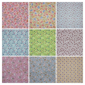 以下が含まれることがあります： 花柄、水玉模様、幾何学模様など、さまざまなパターンが施された9種類の生地見本。見本は3x3のグリッドに配置されています。