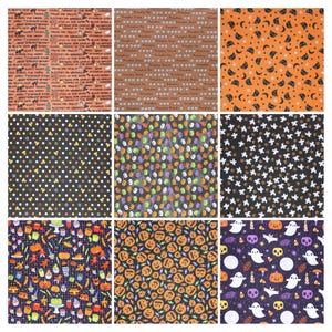 May include: Nine different Halloween themed fabric patterns. The patterns include black cats, ghosts, pumpkins, skulls, candy corn, and other Halloween imagery. The patterns are on a black, orange, brown, or purple background.