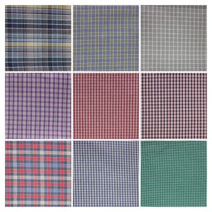 Puede incluir: Nueve muestras de tela a cuadros de diferentes colores y patrones, incluyendo azul, verde, rojo, morado y gris.