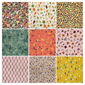 Könnte beinhalten: Neun verschiedene Muster aus Herbstblättern, Blumen und anderen naturinspirierten Designs. Die Muster sind in verschiedenen Farben, darunter Grün, Braun, Orange, Gelb und Rot.