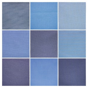 Pode incluir: Nove amostras de tecido diferentes com vários padrões e cores. As amostras estão dispostas em uma grade de 3x3. As amostras incluem cores azul, branco e cinza.