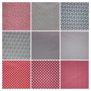 以下が含まれることがあります： クリスマスのデザインが施された、異なる9種類の生地のパターン。パターンには、赤と白のトナカイ、グレーと白の木、赤と白の花柄のデザインが含まれています。