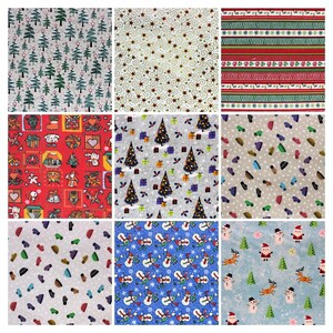 Pode incluir: São apresentados nove padrões de tecido diferentes com temas natalinos. Os padrões incluem árvores de Natal, flocos de neve, presentes, bonecos de neve e o Pai Natal. A paleta de cores inclui vermelho, verde, azul e branco.