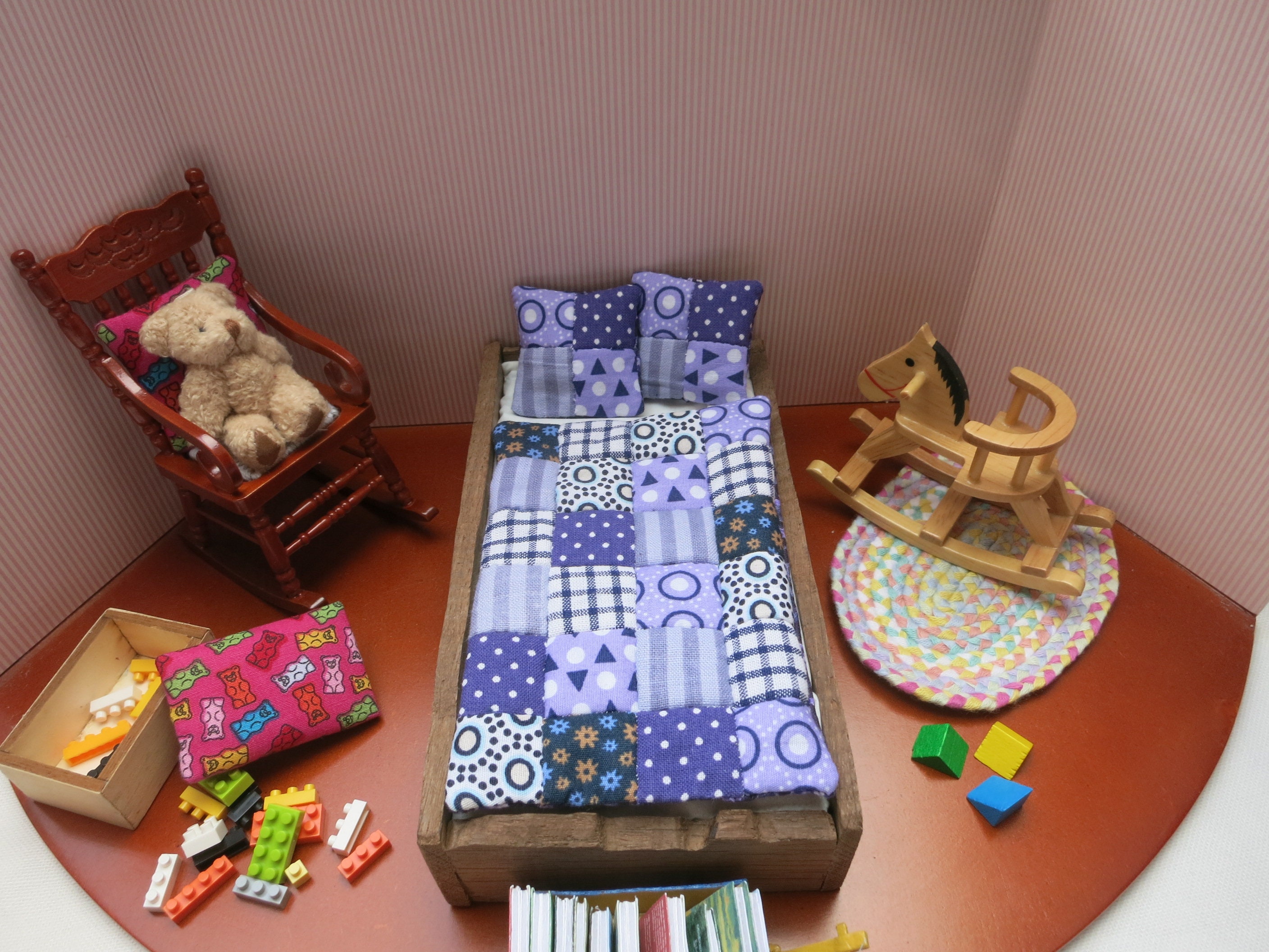 Hand-sewn patchwork blanket with two pillows for a doll's house 1:12