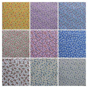 Puede incluir: Nueve muestras de tela con diferentes patrones florales. Las muestras están dispuestas en una cuadrícula de 3x3. Los patrones incluyen pequeñas flores rojas sobre un fondo amarillo, flores moradas sobre un fondo morado claro, flores azules sobre un fondo azul claro, flores rojas sobre un fondo verde claro, flores rosas sobre un fondo rosa claro, flores blancas sobre un fondo azul, flores rojas sobre un fondo blanco, flores azules sobre un fondo crema y flores azules sobre un fondo gris claro.