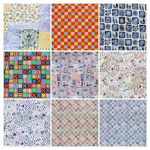May include: Nine fabric swatches with various patterns. The patterns include floral, checkered, and geometric designs in a variety of colors such as blue, red, yellow, and green. Some swatches feature postage stamp designs and others have a patchwork appearance.