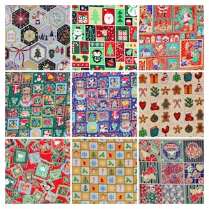 Może przedstawiać: Dziewięć różnych wzorów tkanin świątecznych z różnymi świątecznymi motywami, w tym płatki śniegu, laski cukrowe, ozdoby i Święty Mikołaj. Tkaniny są w różnych kolorach, w tym czerwonym, zielonym, niebieskim i złotym.