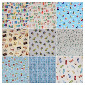 Tessuti di cotone motivo estate spiaggia mare veliero cartoline onde gelato per accessori per bambole, trapunta patchwork