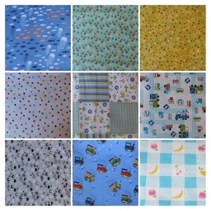 May include: A collection of nine fabric swatches featuring various patterns, including polka dots, stripes, geometric shapes, and a patchwork design. The fabrics are in shades of blue, yellow, green, and white.
