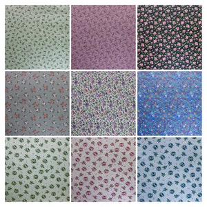 Könnte beinhalten: Neun verschiedene Stoffmuster mit Blumenmustern. Die Muster sind in einem 3x3-Raster angeordnet. Die Muster umfassen rosa Blumen auf schwarzem Hintergrund, blaue Blumen auf weißem Hintergrund und lila Blumen auf weißem Hintergrund.
