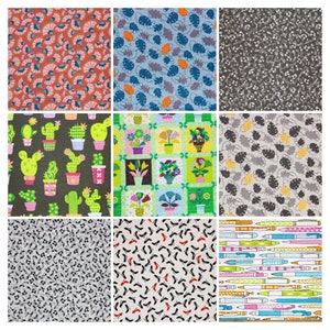 May include: Nine different fabric swatches with various patterns. The patterns include cacti, flowers, leaves, shoes, and pens.