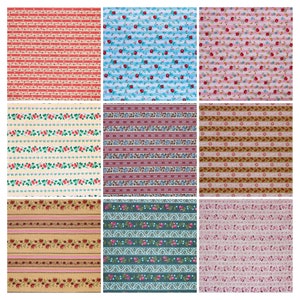 May include: Nine fabric swatches featuring a range of patterns, including stripes, floral designs, and geometric shapes. The swatches are in a variety of colours, including red, blue, green, brown, and pink.