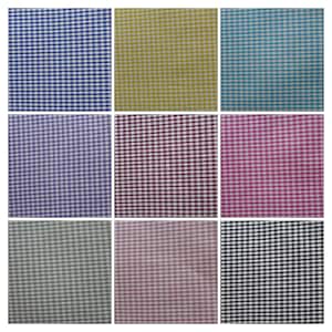 May include: Nine fabric swatches with a gingham pattern in various colors, including blue, yellow, turquoise, purple, maroon, pink, green, pink, and black.