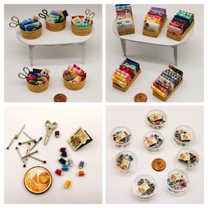 May include: A miniature dollhouse scene featuring assorted fabric scraps and sewing supplies neatly arranged in small baskets and containers. The scene includes scissors, spools of thread, pins, and fabric scraps in a variety of colours and patterns.