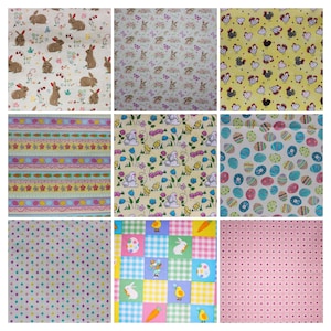 Könnte beinhalten: Neun Stoffmuster mit Ostermotiven. Designs umfassen Hasen, Küken, Eier, Karotten und florale Elemente. Die Farben reichen von Pastelltönen bis hin zu leuchtenden Gelb- und Rosatönen. Die Stoffe sind wahrscheinlich Baumwolle oder ein ähnliches Material.