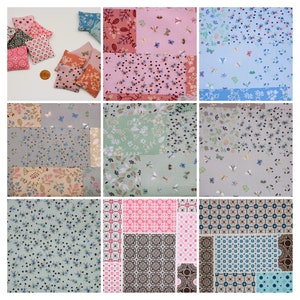 Può includere: Nove campioni di tessuto con diversi motivi. I motivi includono disegni floreali, geometrici e a pois in tonalità di rosa, blu, verde, marrone e bianco.