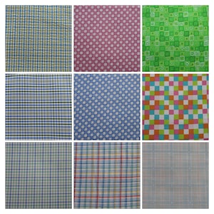 Op de afbeelding: Negen verschillende stofstalen met verschillende ruit- en geruite patronen. De stalen omvatten groen, blauw, rood, roze, oranje en wit.
