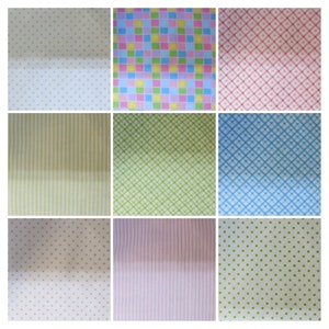 May include: Nine fabric swatches featuring a variety of patterns. The swatches include polka dots, stripes, and checkered patterns in a range of colours, including pink, blue, green, and yellow.