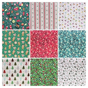 Könnte beinhalten: Neun Stoffmuster mit weihnachtlichen Motiven. Designs umfassen Lebkuchenmänner, Weihnachtsbäume, Stechpalmen und Lichterketten. Farben sind Rot, Grün, Weiß und Türkis. Einige Muster weisen Streifen oder sich wiederholende Motive auf.