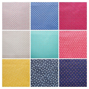 May include: Nine fabric swatches featuring a variety of floral patterns. The swatches are arranged in a 3x3 grid. The patterns include red and blue flowers on a white background, blue flowers on a pale blue background, pink flowers on a red background, green flowers on a light blue background, white flowers on a pink background, yellow flowers on a yellow background, blue flowers on a navy blue background, pink flowers on a navy blue background, and white flowers on a light grey background.