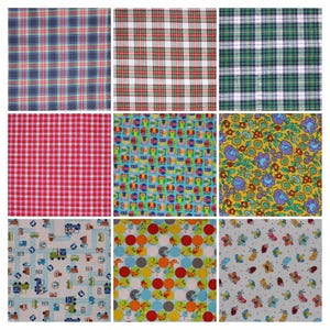 Könnte beinhalten: Neun verschiedene Stoffmuster mit verschiedenen Mustern. Die Muster umfassen Karos, Gingham, Eulen, Blumen, Lastwagen und Punkte.