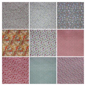 Könnte beinhalten: Neun verschiedene Stoffmuster mit verschiedenen Blumenmustern. Die Muster sind in einem 3x3-Raster angeordnet. Die Muster umfassen kleine Blumenmuster in den Farben Rosa, Blau, Grün und Gelb.