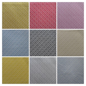 May include: Nine fabric swatches featuring a diamond pattern. The swatches are in the following colours: yellow, red, pink, blue, black, beige, gold, grey, and light blue.