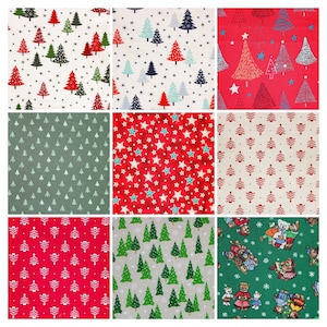 以下が含まれることがあります： 赤と緑のクリスマスツリー、星、テディベアなど、さまざまなデザインが施された9種類のクリスマス生地パターン。