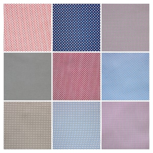 May include: Nine different fabric swatches with various geometric patterns. The swatches include red, blue, black, gray, white, and pink patterns.