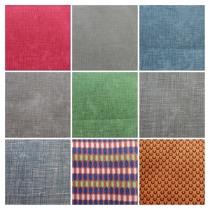 May include: Nine fabric swatches with different patterns and colours. The swatches include red, grey, blue, green, orange, and white.