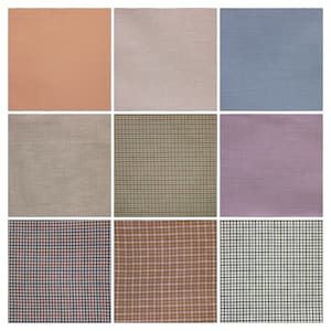 May include: Nine different fabric swatches with various patterns, including plaid, stripes, and gingham. The swatches are arranged in a 3x3 grid.