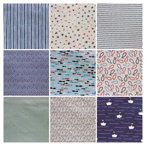 Motifs nautiques : bateaux, poissons, plage, mer – tissus en coton pour maisons de poupées, patchwork, vêtements de poupées