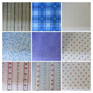 Può includere: Nove diversi campioni di tessuto con vari motivi, tra cui scozzese, pois, strisce e motivi floreali. I campioni sono in tonalità di blu, bianco, rosa e marrone.