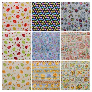 May include: Nine different fabric swatches with various Easter-themed patterns. The patterns include eggs, bunnies, flowers, and other spring-themed designs. The fabrics are in a variety of colors, including green, blue, yellow, pink, and white.