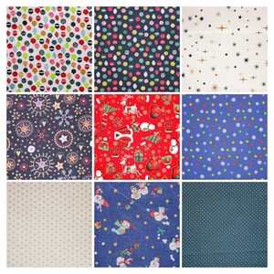 Könnte beinhalten: Neun verschiedene Stoffmuster mit verschiedenen Weihnachtsmotiven. Die Muster umfassen Schneeflocken, Sterne, Rentiere, Ornamente und Schneemänner. Die Stoffe sind in verschiedenen Farben, darunter Rot, Blau, Grün, Weiß und Gold.