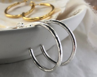 Recycled Silver textured Oval Hoop Earrings, Medium size solid Hoops, Sustainable Handcrafted Jewellery, Eco conscious gifts