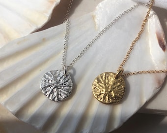 Gold or Silver Shell Textured Pendant, Shell medallion, handmade sustainable jewellery.