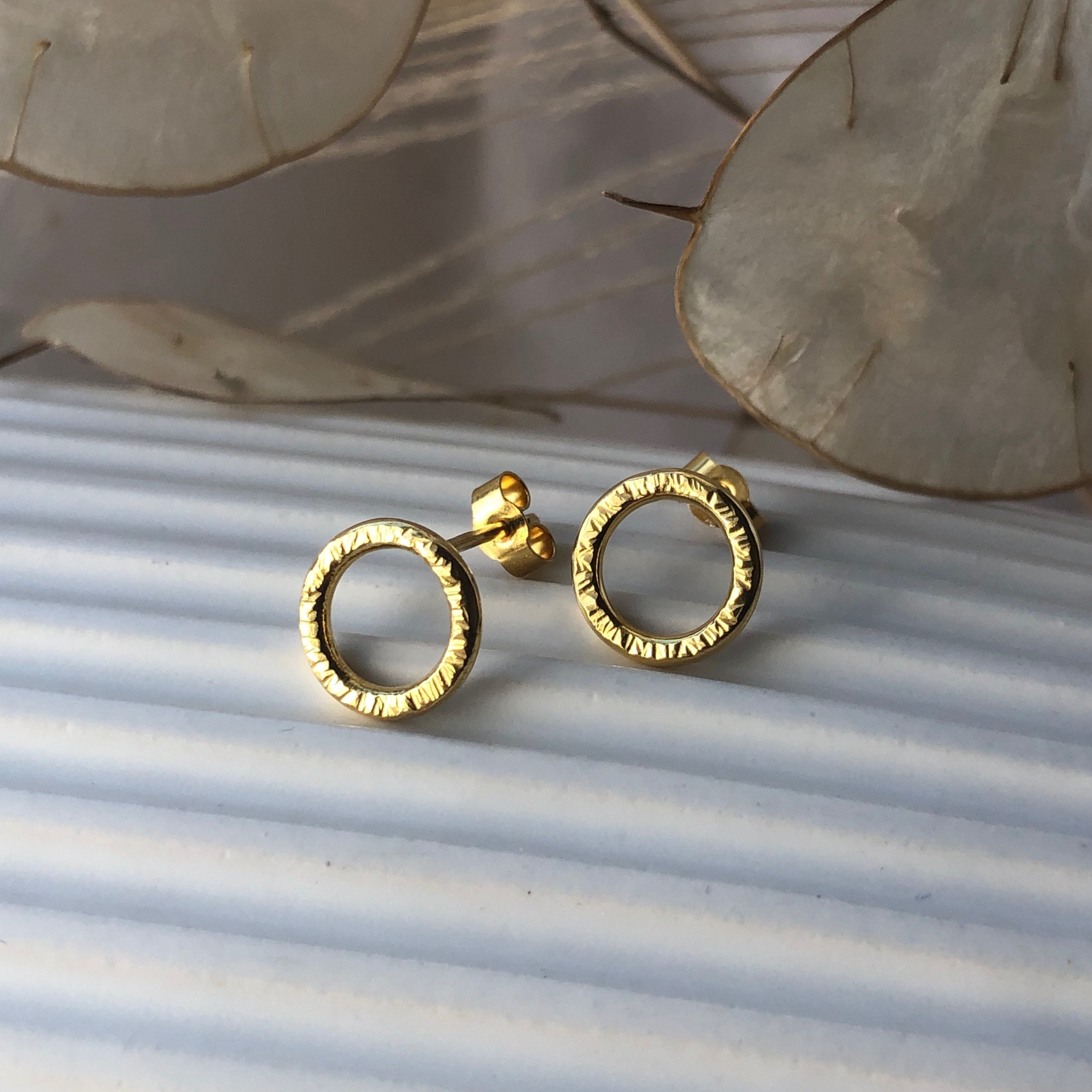 Gold Circle Stud Earrings, Textured Open Studs, Minimal Handmade Sustainable Jewellery, Gifts For Her