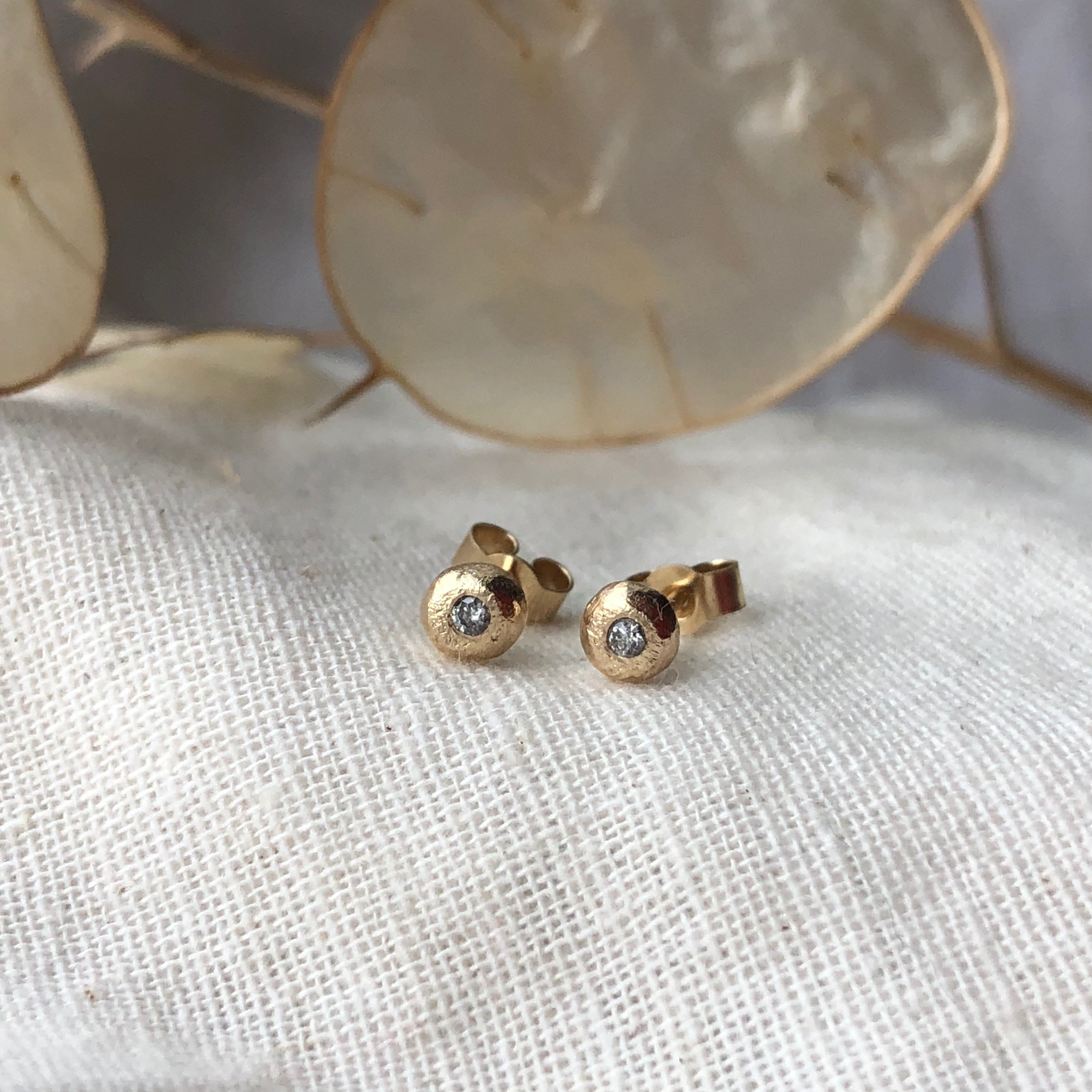 Recycled Gold Diamond Stud Earrings, Salt & Pepper Studs, Small Solid Pebble Studs